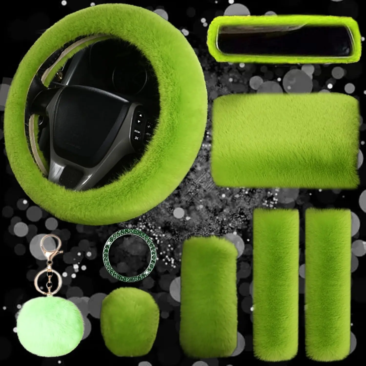Women's 9-Pack Car Interior Decoration Accessories Set - 37-40cm Plush Texture Soft Fluffy Winter Warm Steering Wheel Cover with Protection Function (Green)