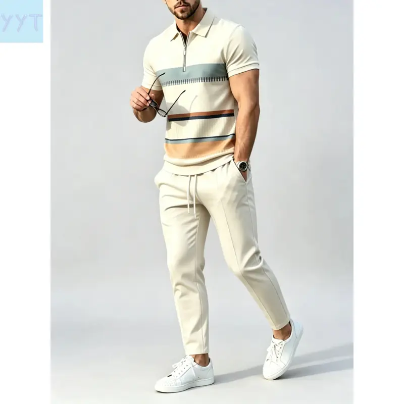 YYT1 Men's 2-Piece Polyester Casual Set - Printed Rainbow Stripe Short-Sleeve Polo Shirt & Solid Pants, Fitted Cut, Machine Washable for Work & Weekends
