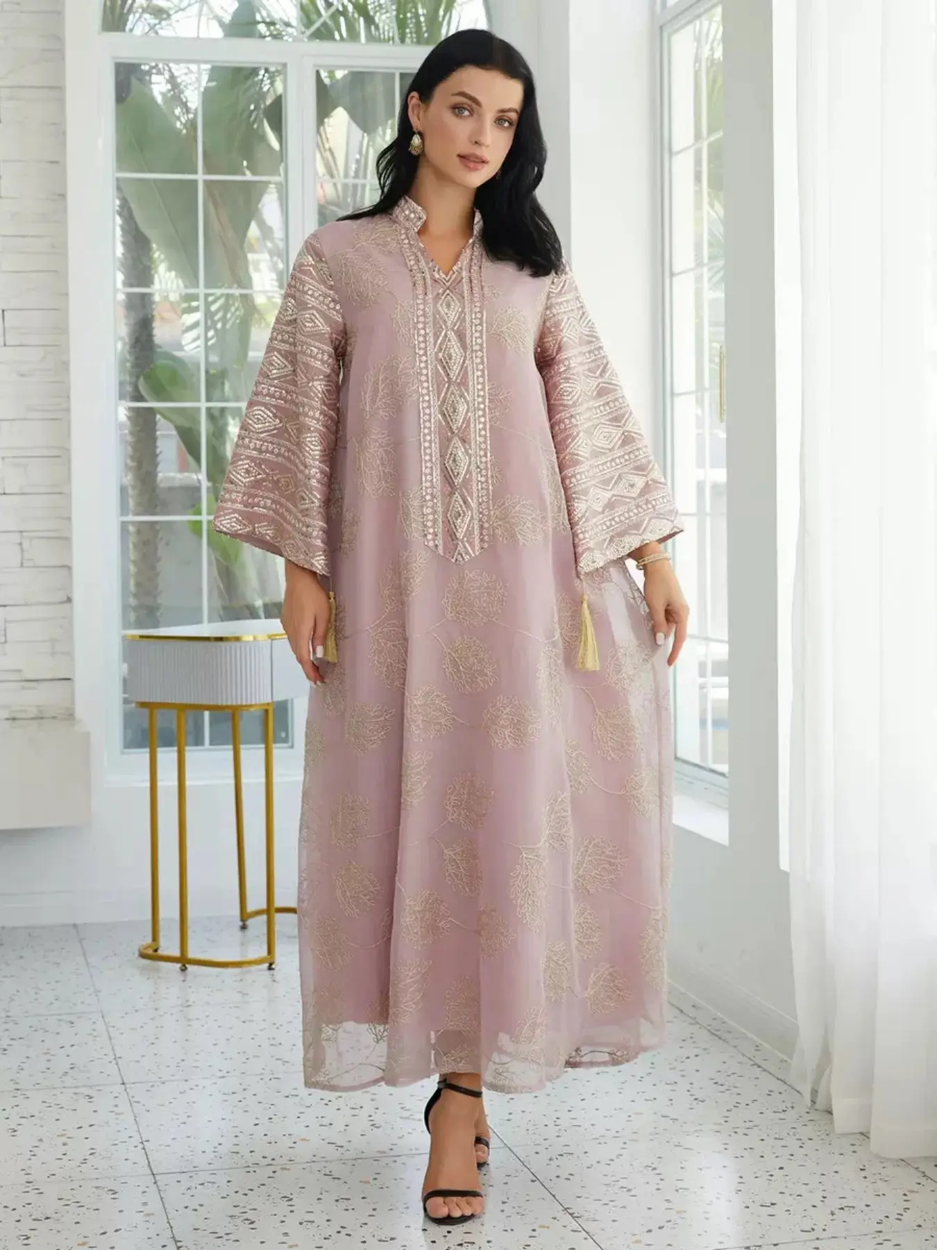 New Cross-Border Eid Abaya, Muslim Abaya, Islamic Clothing, Mesh Embroidered Long Robe, Gold Thread Leaf Full Stitch, Stand Collar, Fringe, Bell Sleeve, Abayas For Eid