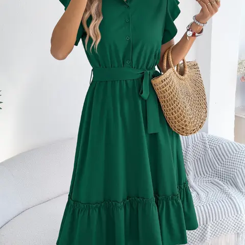 Women's Solid Color Belted Ruffle Trim Dress Casual Short Sleeve Collared Dress for Summer, Ladies Clothes for Daily Wear, Shortsleeve Womenswear, Casual Fashion Dress, Casual Summer Dresses