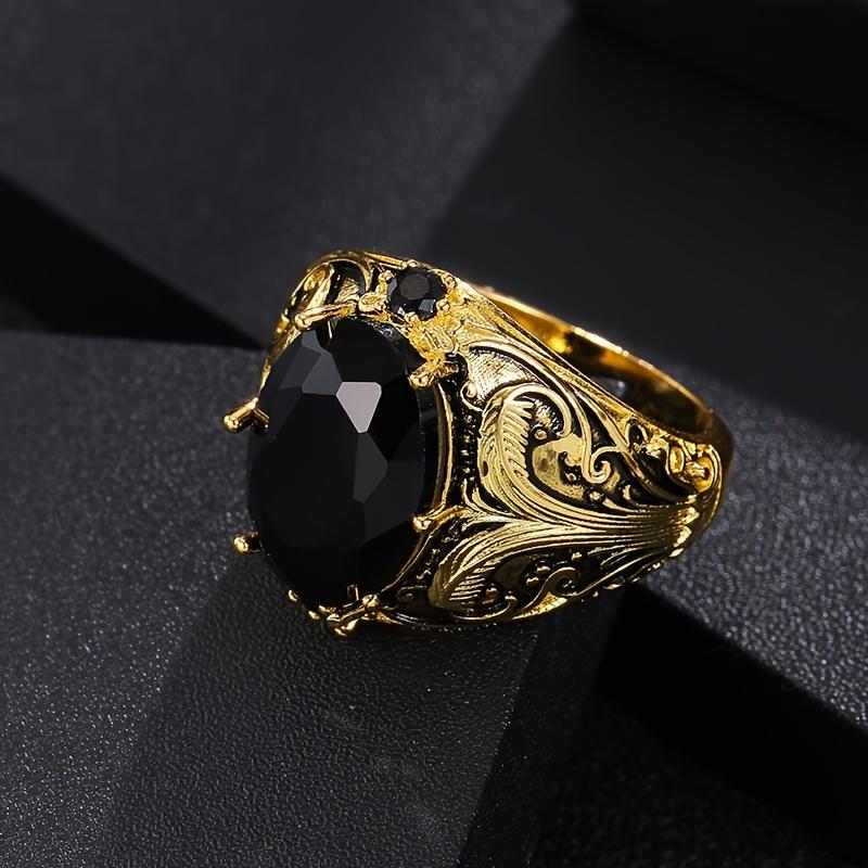 Vintage Men's Ring with Black Oval Artificial Gemstones, Copper Craft, Retro Gold Finish, Casual Daily Wear Ring, Perfect Gift for Men and Women