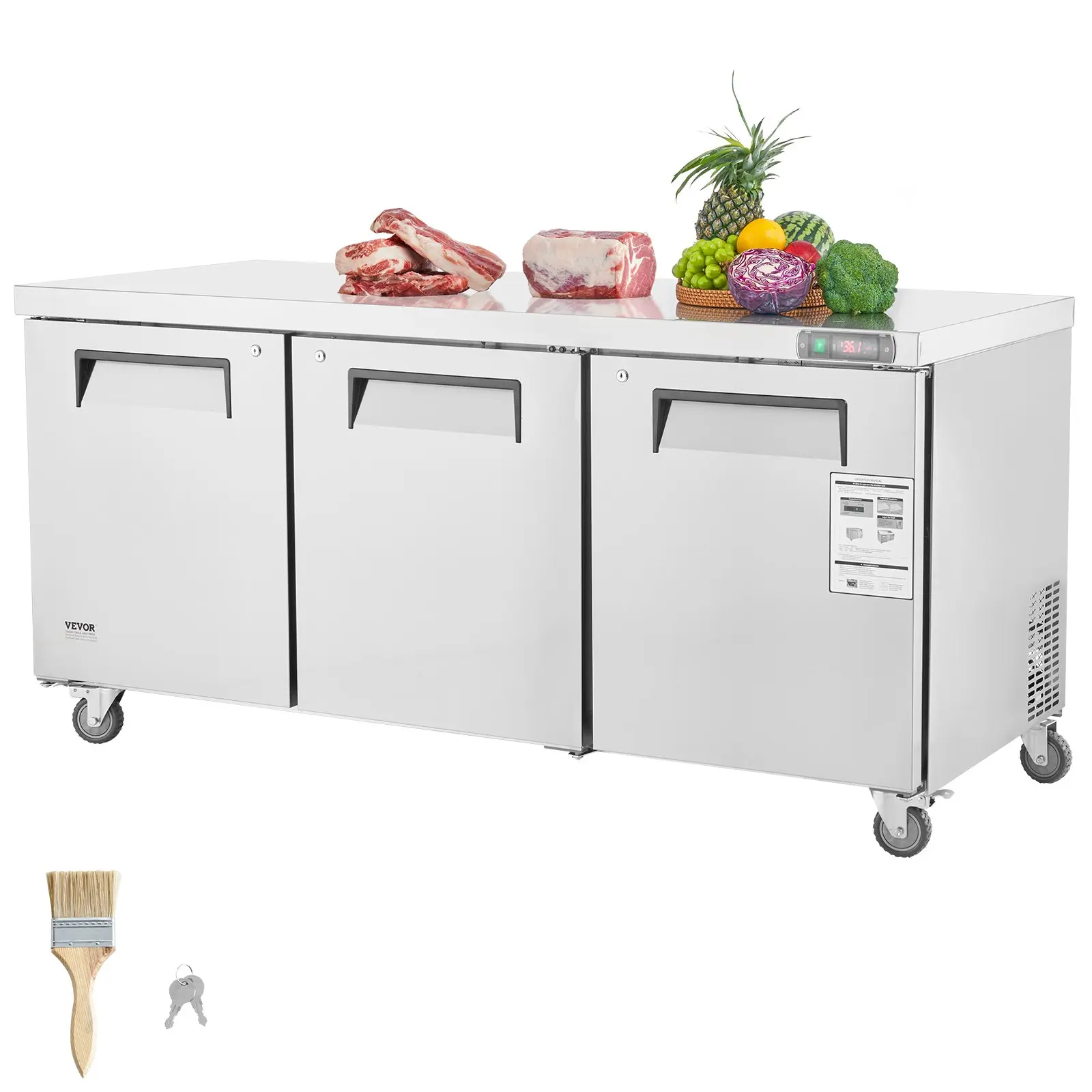 VEVOR 72" Commercial Refrigerator Sandwich Salad Prep Table, 20 Cu. Ft Stainless Steel Refrigerated Food Prep Station with 3 Doors, Frost Free Refrigerator with Lock for Restaurant, Bar, Store