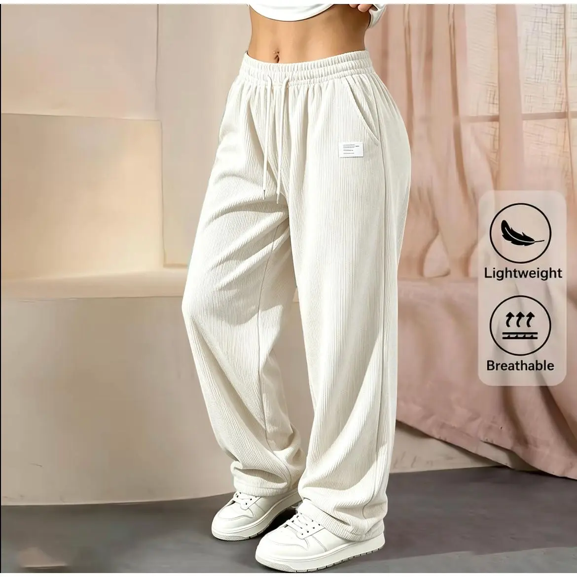 Women's Corduroy sport casual pants - solid color, drawstring pockets, breathable and comfortable bottom, trendy fashionable women's streetwear and daily wear