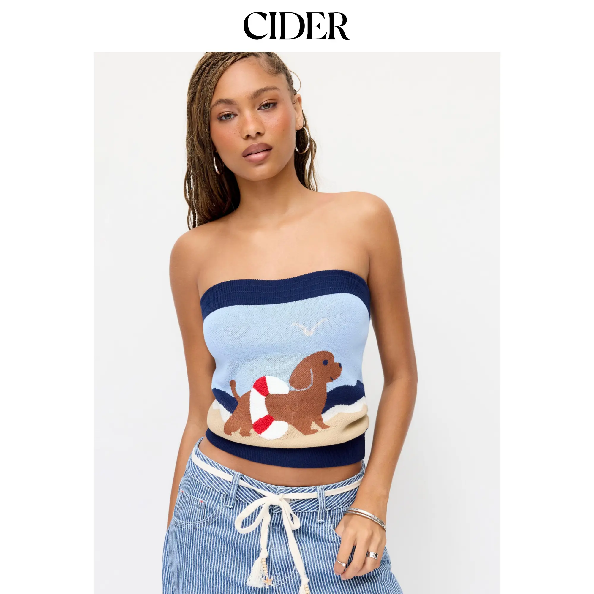 Cider Knit 100% Cotton Dog Graphic Strapless Embroidery Bandeau Top