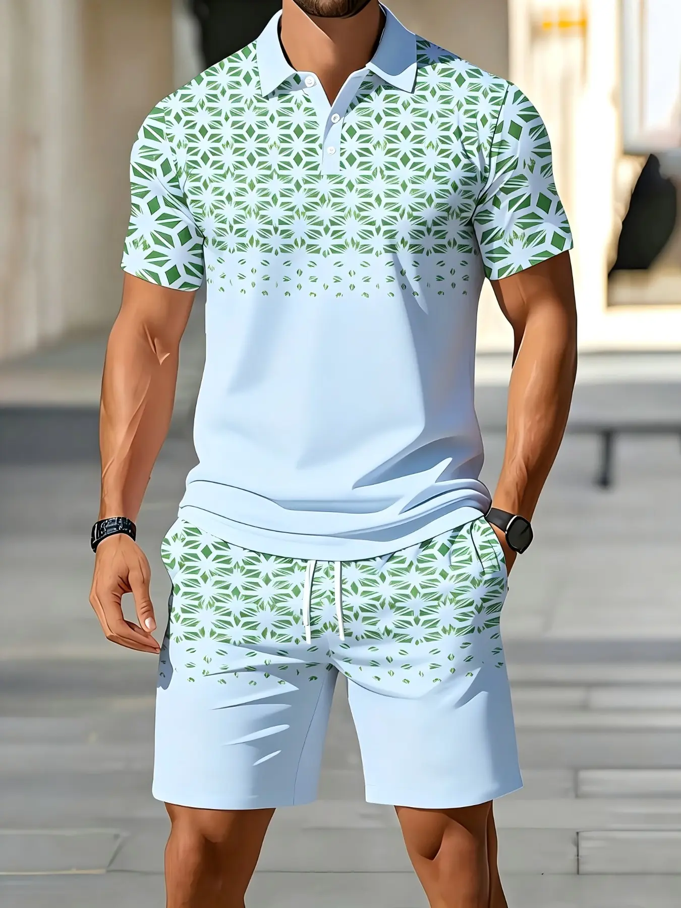 Men's Summer Casual Matching Set, Short Sleeve Polo Shirt with Shorts, Blue Geometric Graphic Pattern, Comfortable Breathable Sporty, Menswear