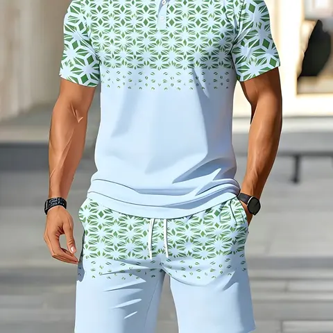 Men's Summer Casual Classic Matching Set, Short Sleeve Polo Shirt with Shorts, Blue Geometric Pattern, Comfortable Breathable Sporty Menswear, Shorts Set Outfit