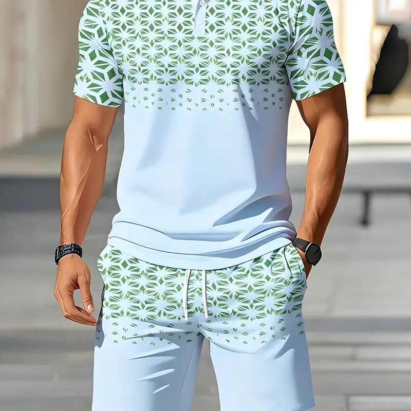 Men's Summer Casual Classic Matching Set, Short Sleeve Polo Shirt with Shorts, Blue Geometric Pattern, Comfortable Breathable Sporty Menswear, Shorts Set Outfit