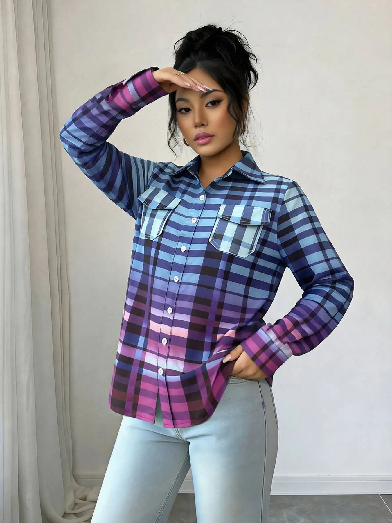 Gradient Blue Plaid Lapel Long Sleeve Shirt, Casual Street Style, Dual Patch Pockets, Single Button, Loose Fit, Slimming Open Front Top