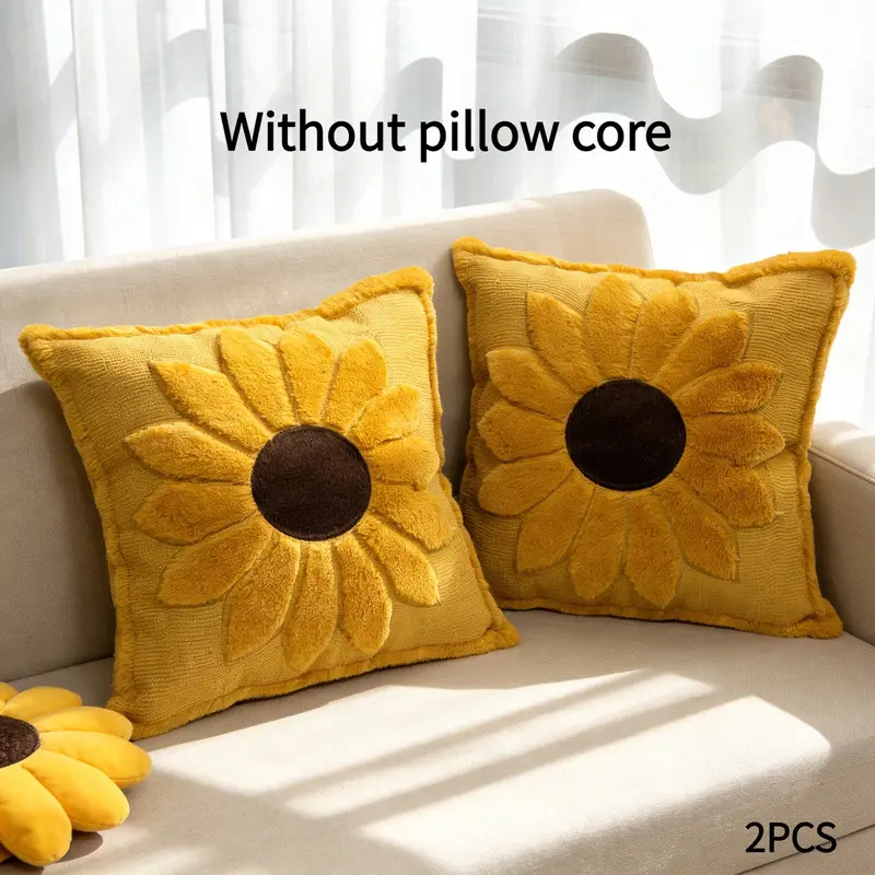 Yellow sunflower plush pillowcase, spring/summer embroidered plush flower pillowcase, suitable for indoor and outdoor decoration, soft and comfortable, suitable for bed, sofa and living room decoration (excluding pillow core)