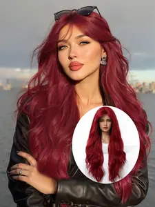 Long Wavy Synthetic Heat-Resistant Wig for Women, 30-Inch Wine Red Wavy Hair Wig with Side Bangs, Daily Wear, Cosplay, Party, Christmas