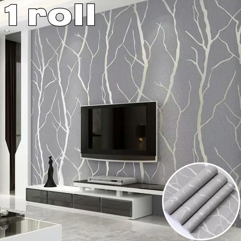 Silver Branch Pattern Self-Adhesive Wallpaper, self stick wallpaper, 53cm X 950cm, Thickened 0.4mm, Easy Installation, Ideal for Living Room, Dining Room, Bedroom