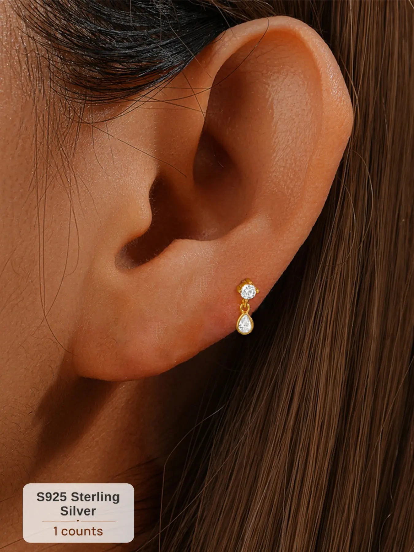1Pc S925 Sterling Silver Gold Plated Flat Back Stud Earring, Sparkling CZ Inlaid Geometric Teardrop Screw Threaded Cartilage Tragus Piercing Stud, Hypoallergenic Nap-Safe Single Jewelry Gift for Her Women