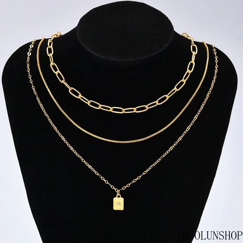 Women's 3Pcs Minimalist Elegant Layered Stackable Alloy Iron Chain Paperclip Necklace Set, Dainty Rectangle Pendant with Sparkly Star Cubic Zirconia, Trendy Female Jewelry Gift for Party Casual Wear, Multiple Lengths, Chain Jewelry Necklaces