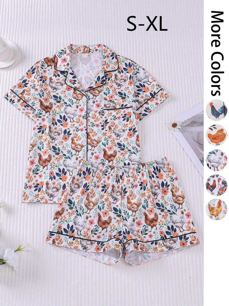 Women's All Over Chicken Print Crop Top & Elastic Waist Shorts Pyjama Two-piece Set, Casual Comfy Short Sleeve Top & Shorts PJ Set, Ladies Summer Sleepwear, Loungewear, Pajama Shorts Set