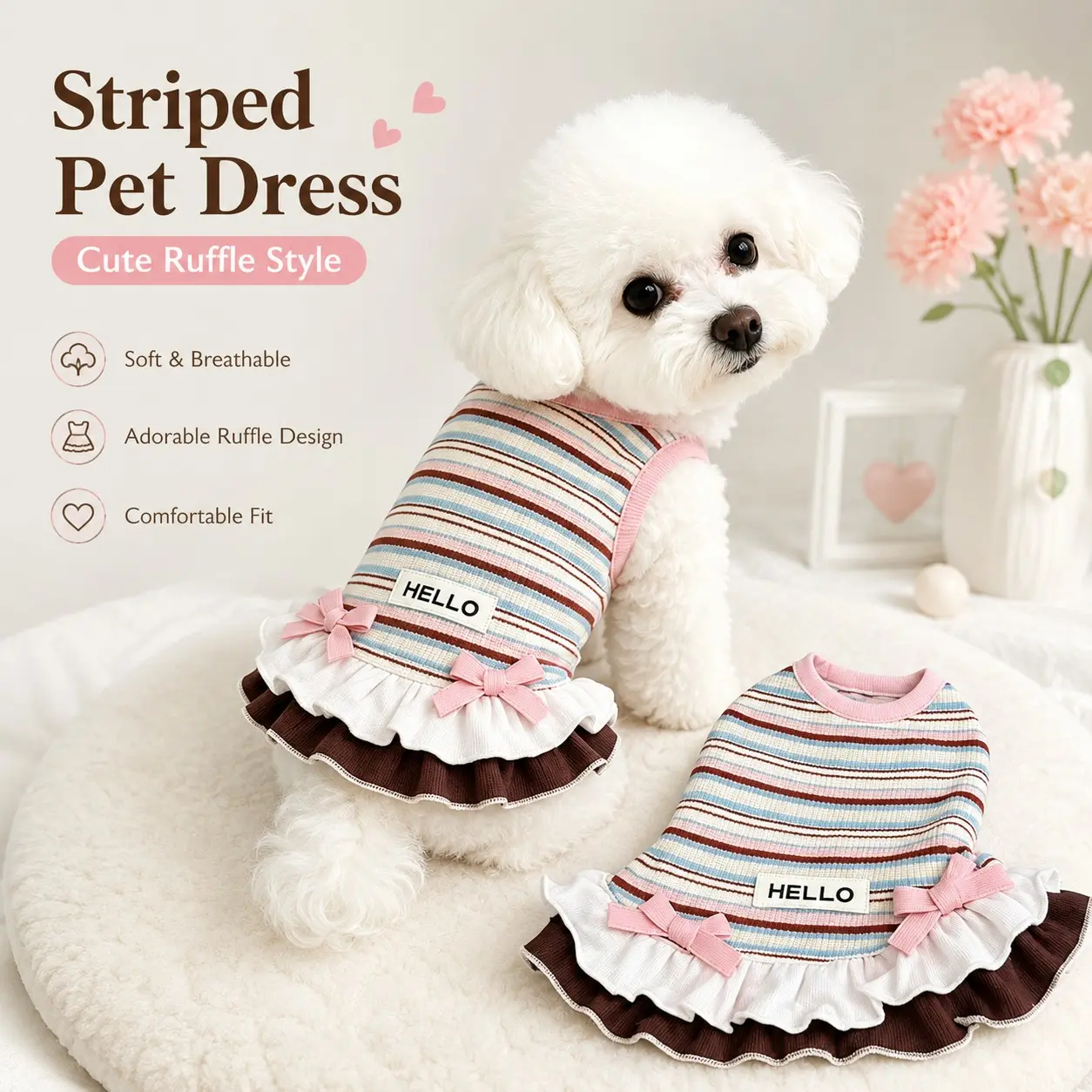 New Summer Pet Striped Dress, Cat Dog Princess Dress, Soft Breathable Fabric, Cute Ruffle Bow Design, Ideal for Photoshoots and Parties, Clothing