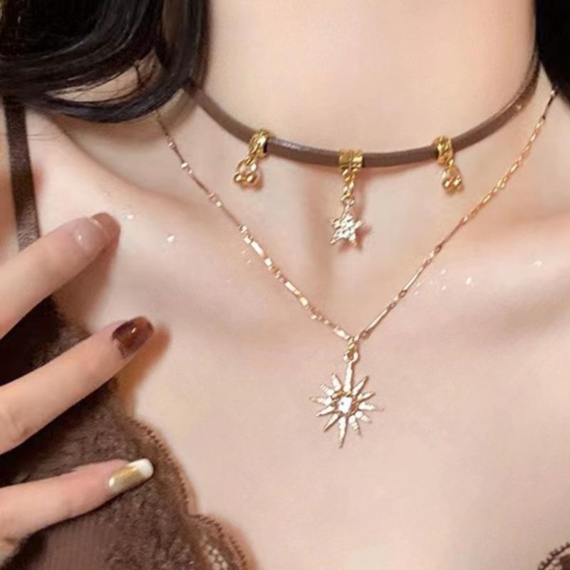 Gold Layered Star Sun Pendant Necklace Set, Brown Leather Choker Necklace for Women
