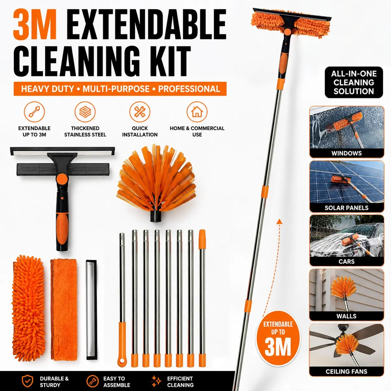 3m Window Cleaning Kit, Window Cleaning Tool, Includes Dust Brush, Extendable Stainless Steel Pole, Dual-Sided Glass Cleaner, Ideal for Solar Panels, High Windows, Ceilings, Outdoor Use, Window Squeegee With Extension Pole