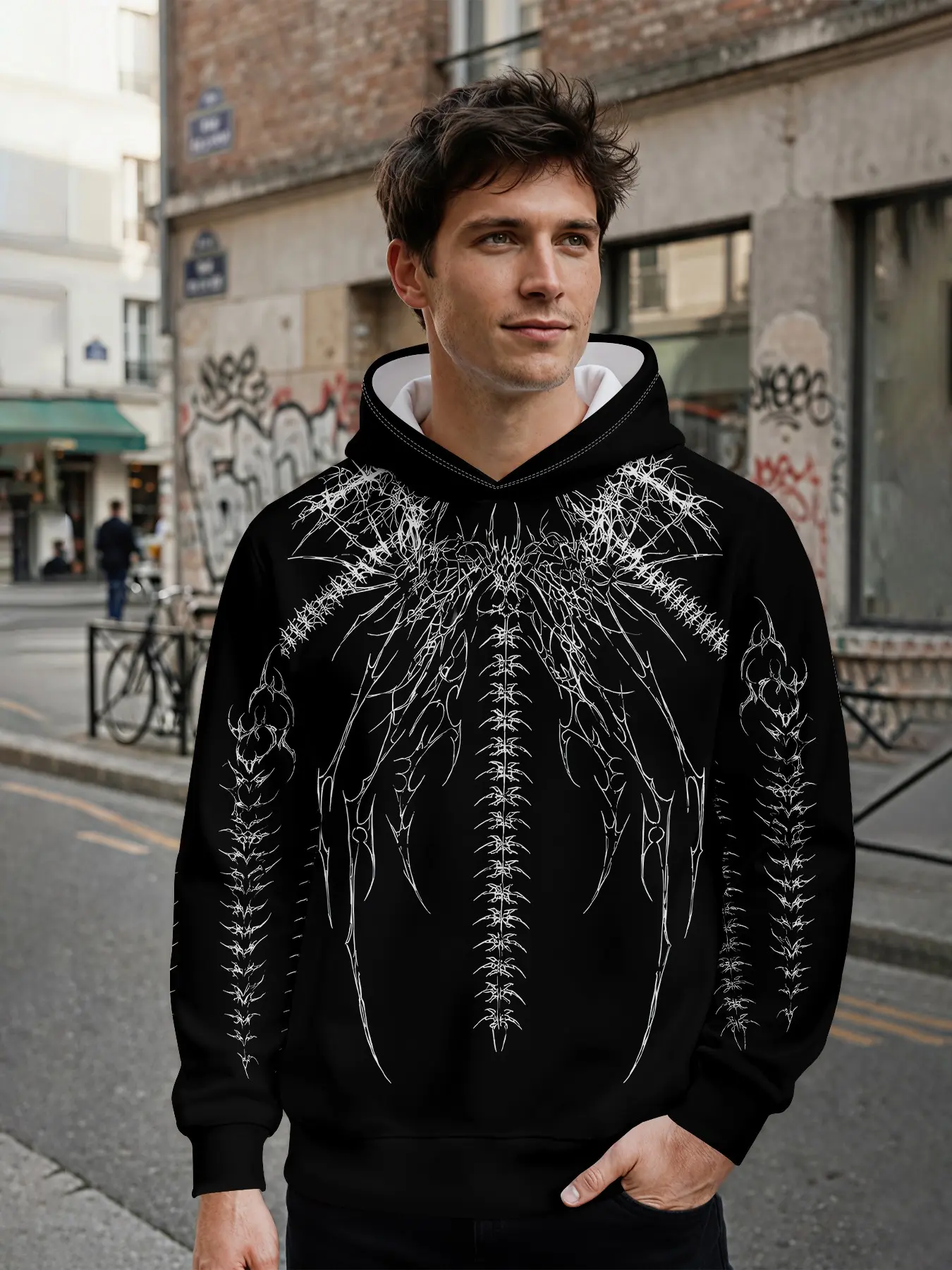 Men's Hoodie, Dark Thorn Line Print Gothic Techwear Men's Sweatshirt, Long Sleeve Casual Fashion Hooded Jacket with 3D Digital Print for Men. It is eye-catching for daily streetwear and music festival outfits, and makes a perfect holiday gift for men.
