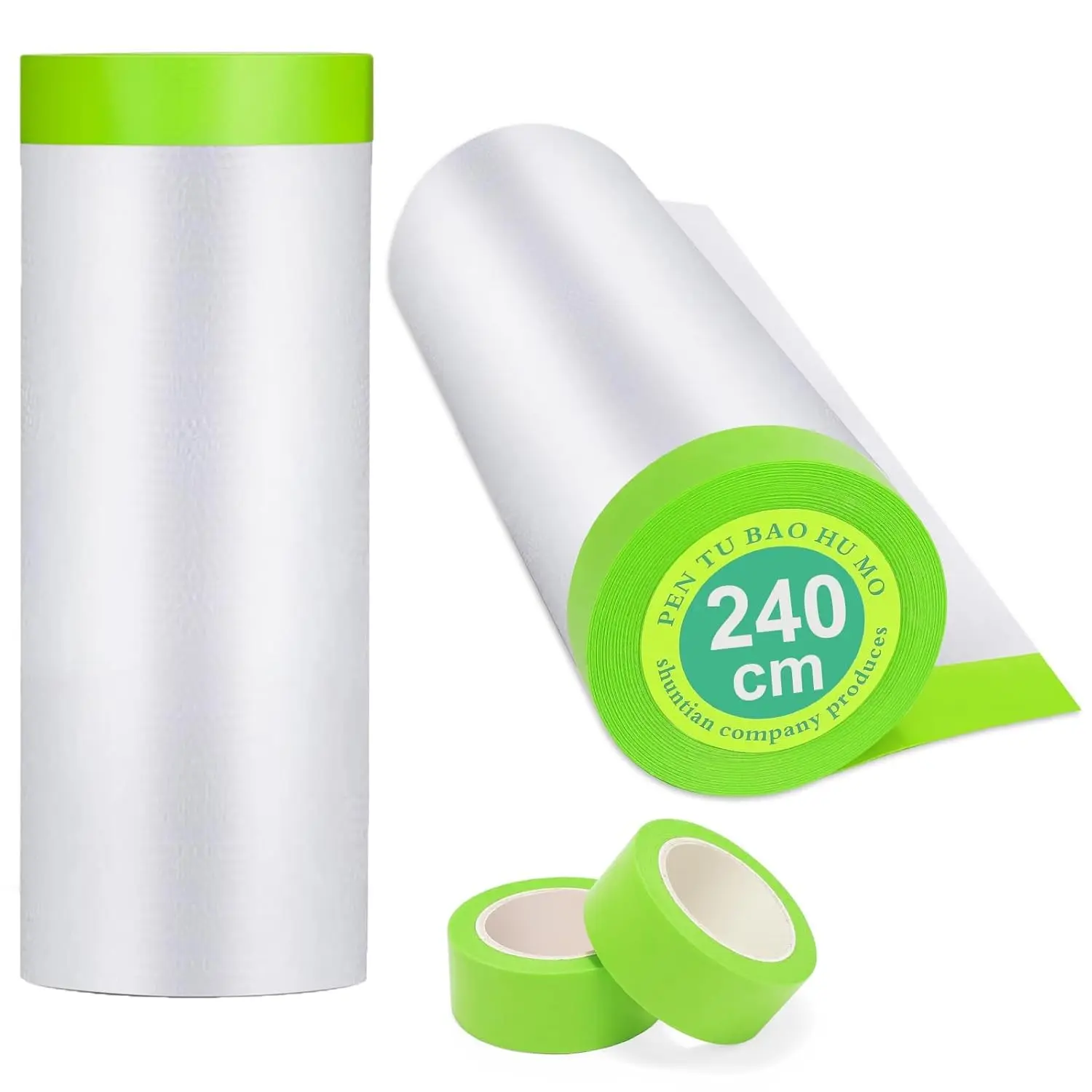 Pre-Taped Masking Film for Painting - 2 Rolls of 95x50 ft (95" x 50') Highly Permeable HDPE Painters Plastic Sheeting with Static Cling Automotive Tape, Dust-Proof Surface Protection, Clean Removal, for DIY Remodeling, Manufacturer Warranty
