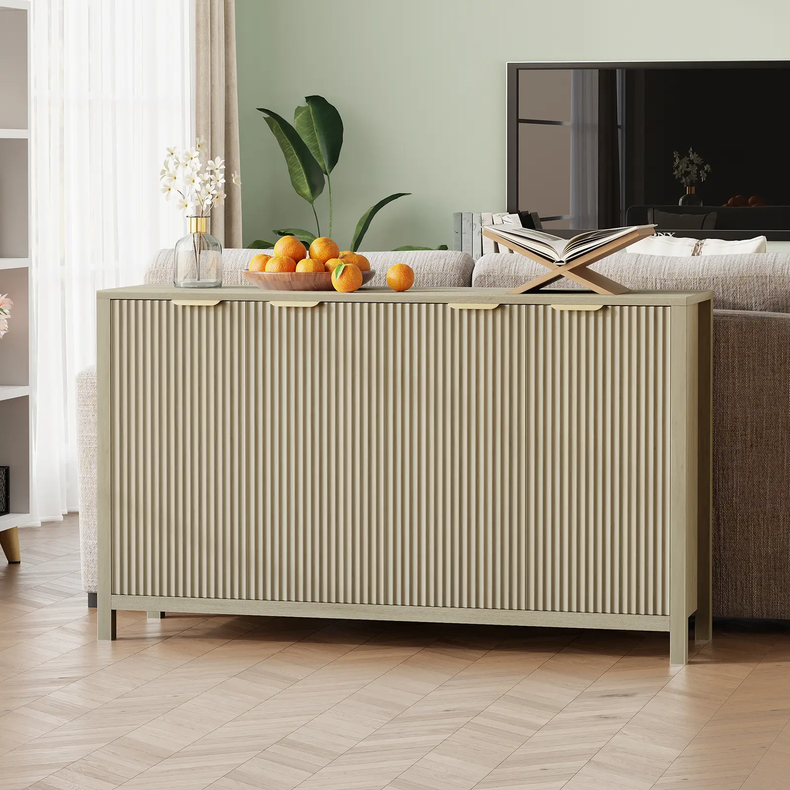 55 Inch Fluted Buffet Sideboard Cabinet, 4-Door Kitchen Storage Cabinet with Adjustable Shelf, Wooden Accent Cabinet with Storage for Dining Room, Living Room, Entryway