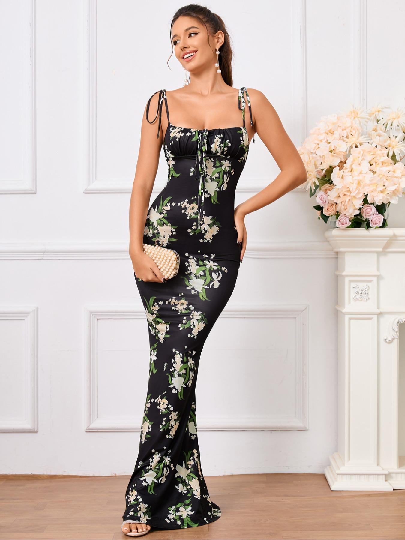 Women's All Over Print Tie Shoulder Mermaid Hem Cami Maxi Vintage Dress, Boho Sleeveless Spaghetti Strap Tie Front Ruched Maxi Bodycon Dresses, Holiday Vacation Beach Summer Clothes, Wedding Guest Dresses, Birthday Dresses