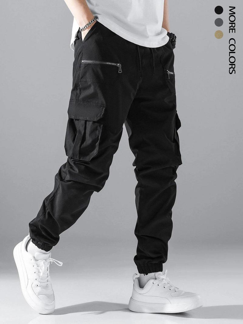 Men's Loose Solid Pocket Drawstring Waist Cargo Pants, Street Fashion Zipper Jogger Pants For Daily Wear, Casual Men's Trousers For All Seasons