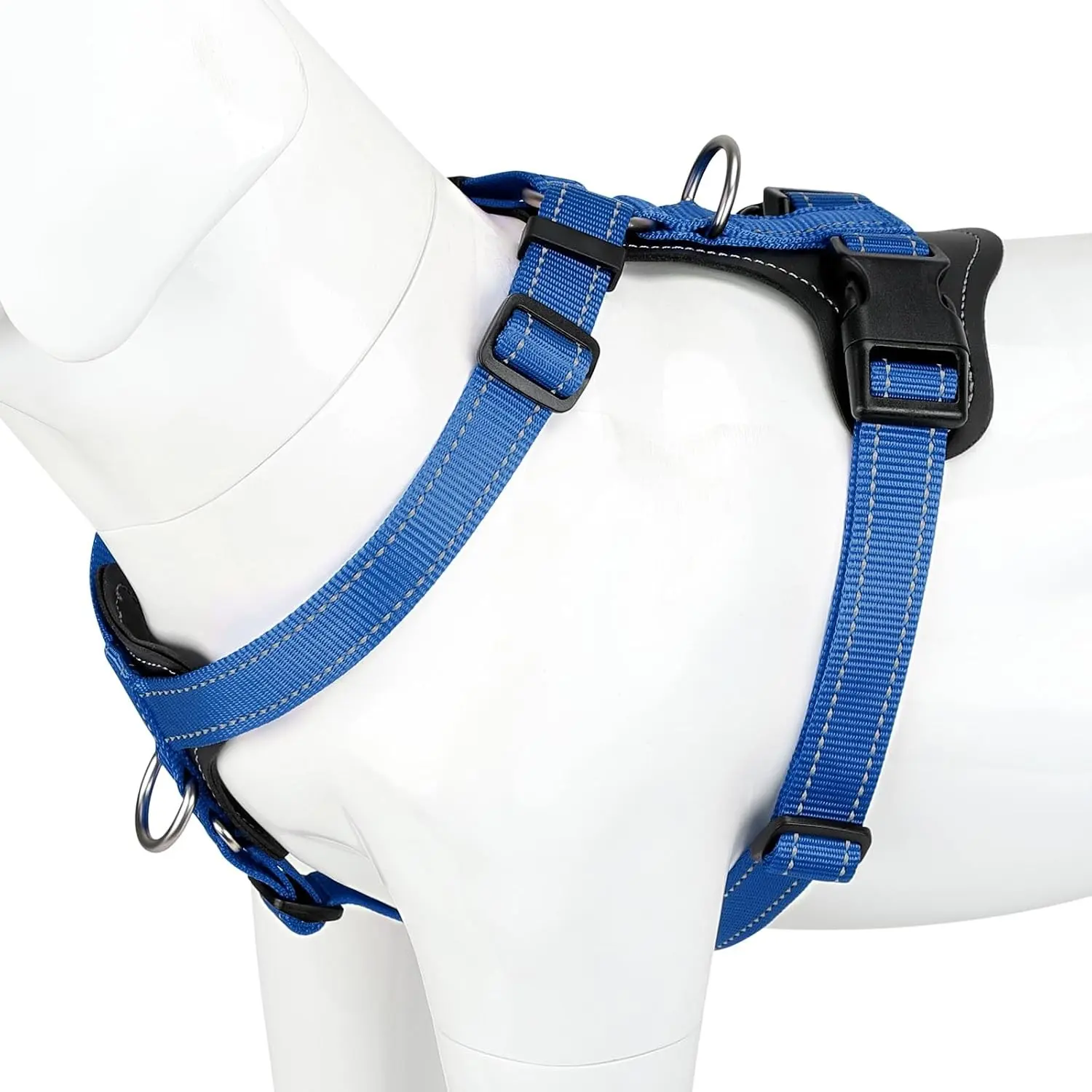 Adjustable No Pull Dog Harness with Leather Accents, Heavy Duty Reflective Nylon Vest for Training, Hiking, Easy Walk Harness for Small, Medium, Large Dogs (Royal Blue, M)