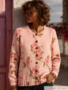 Women's Casual Printed Knit Cardigan with Ribbed Round Neck, Long Sleeves and Wood Buttons, Loose All-Season Sweater