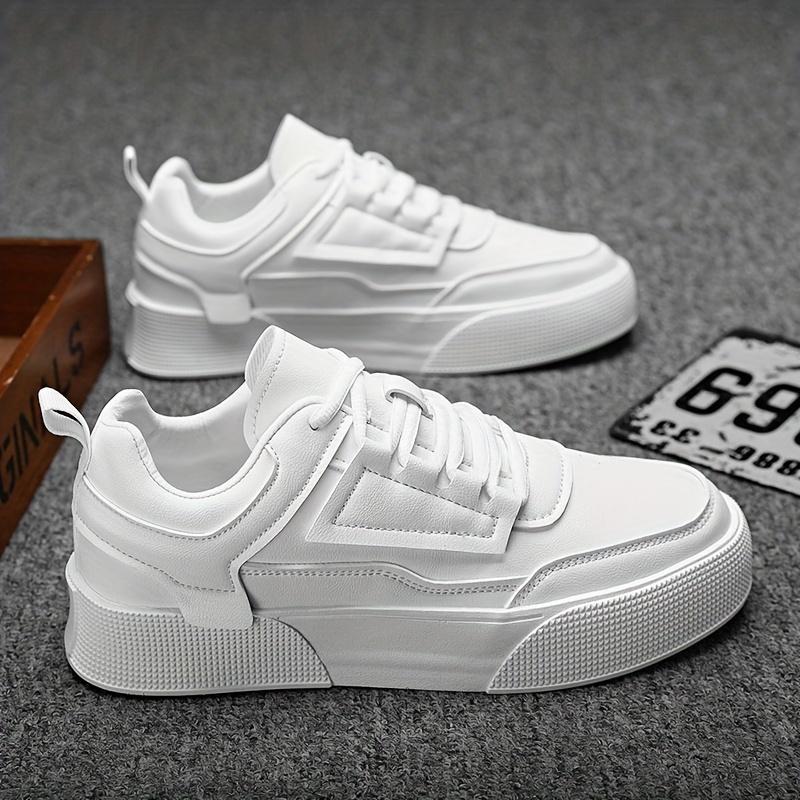 [Everyday Sneakers] Men's Classic White Casual Sneakers - Stylish Low-Top Lace-Up Shoes with Durable PU Upper & Sole, Comfortable Fabric Insole for Casual Attire