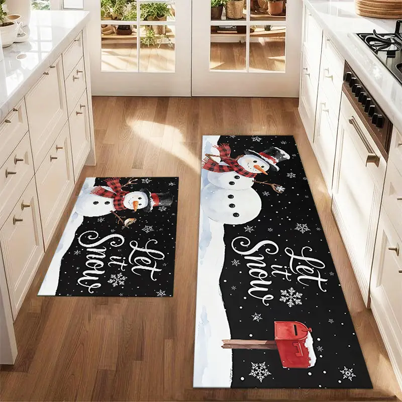 2pcs Christmas Snowman Floor Mat Set Farmhouse Kitchen Carpet Restaurant Floor Laundry Room Decoration Carpet Mat