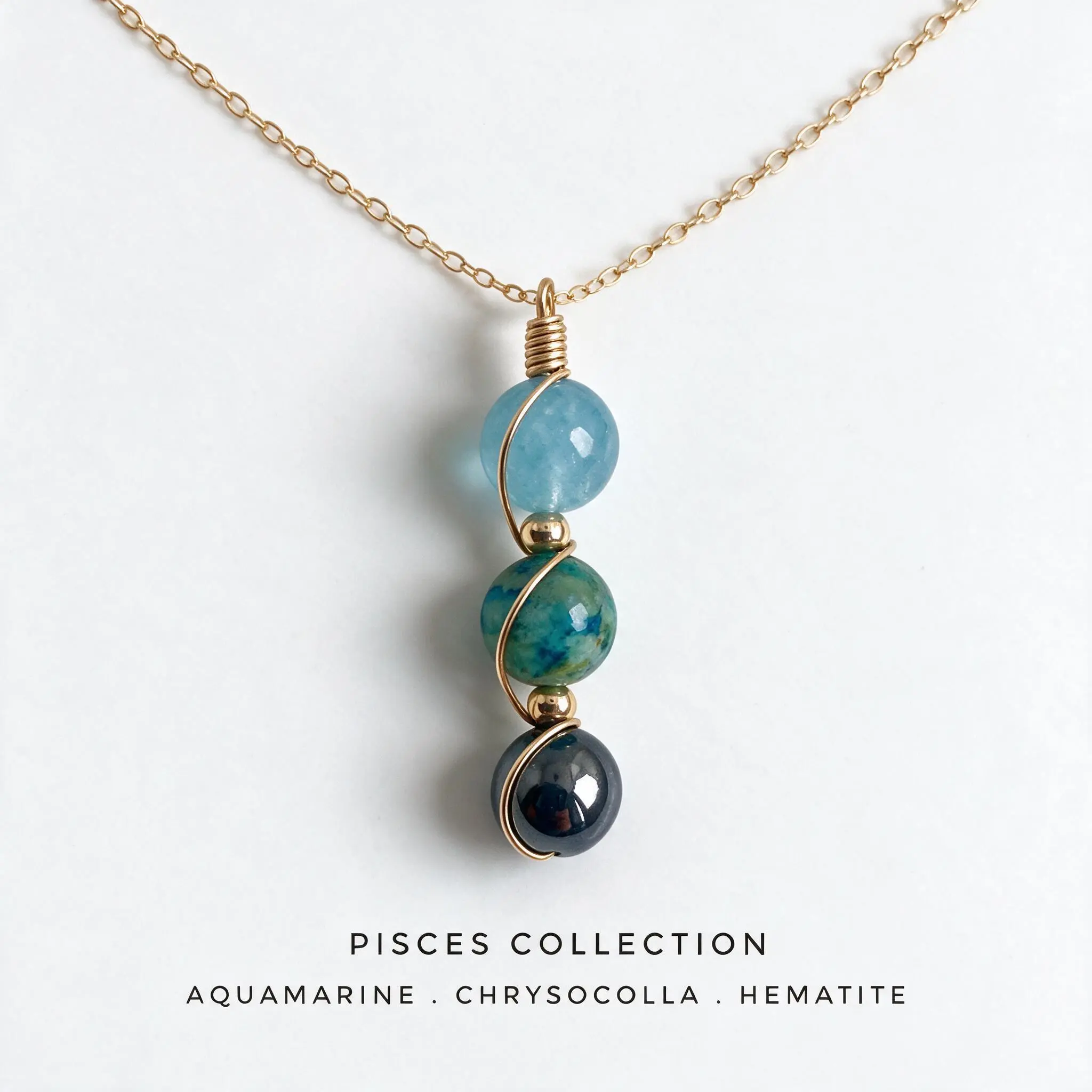 Handmade Pisces Zodiac Guardian Stone Necklace, Natural Aquamarine Chrysocolla Hematite Crystal Pendant, 14K Gold Plated Wire Wrapped Healing Gemstone Necklace for Women, Artisan Crafted Astrology Jewelry Gift