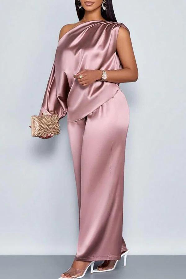 Summer Casual Women's Satin Suit with Asymmetrical Collar, Short-Sleeved Top and Long Pants Set