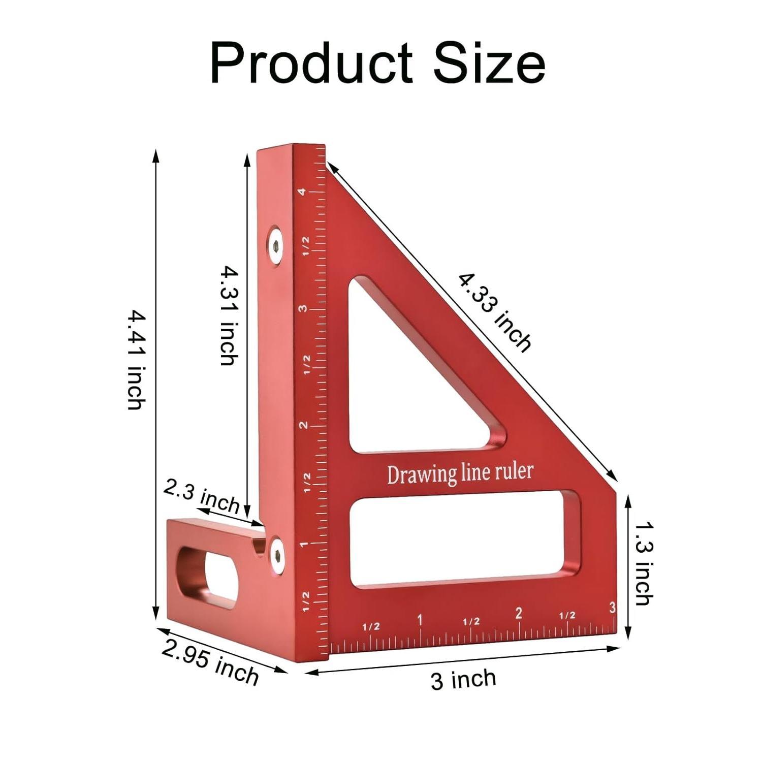 Imperial  Multi-Angle Measuring Ruler,Miter Triangle Ruler Precision Layout Measuring Tool,45/90   Alloy Woodworking Square Protractor for Woodworking (Red)