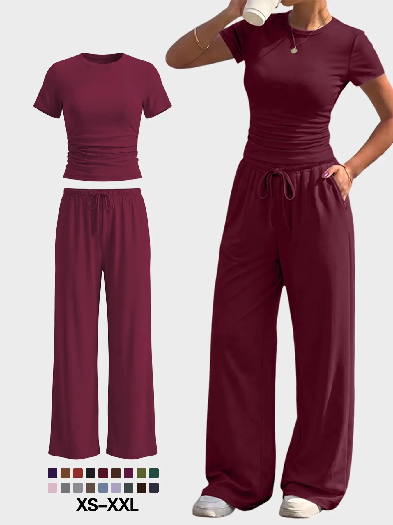 Game Day Ready: Urban Minimalist Lounge Set | Summer Relaxed Fit Solid Tee & Drawstring Wide Leg Pants | Soft Breathable Travel & Home Outfit