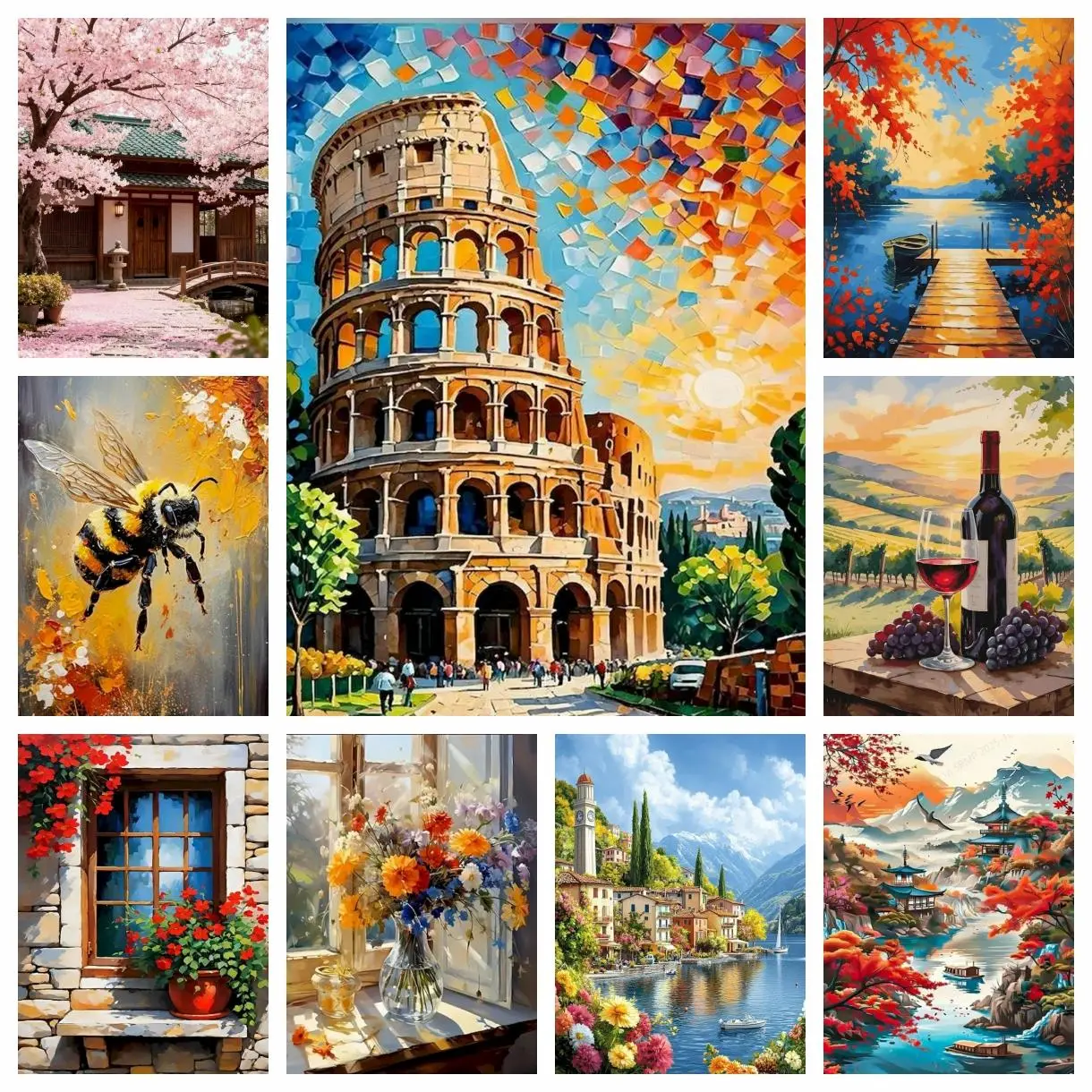 Paint by Numbers Kit - Non-Toxic Water-Based DIY Canvas Painting Supplies, Multi-Theme Set with World Famous Landscapes, Cute Puppy, Floral Portraits, Holiday Gift for Adult Beginners, Home Wall Decor Handcraft, Non-Toxic Water-Based Painting By Numbers