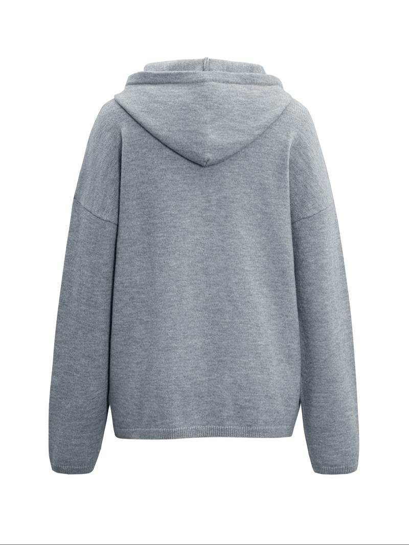 Solid Color Casual Hooded Knit Pullover Sweater Knitwear, Thin Fabric Fitted Style for Fall Season, Comfortable and Stylish Women's Clothing