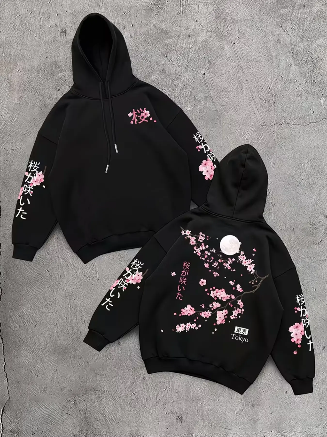 Unisex Drawstring Hoodie, Loose-Fit Tokyo Print, Soft Breathable Streetwear, Spring Fall Casual, Cherry Blossom Design