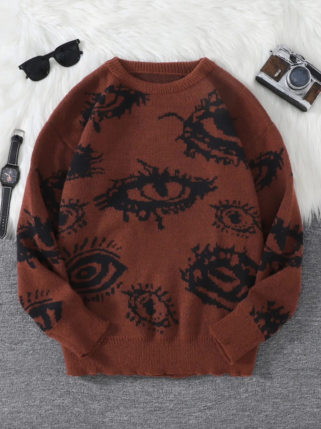 Men's Fall Winter Eye Pattern Sweater, Casual Fitted Round Neck Pullover, High-Quality Soft Knitwear for Daily Wear, Unisex Clothing, Graphic Sweater Top