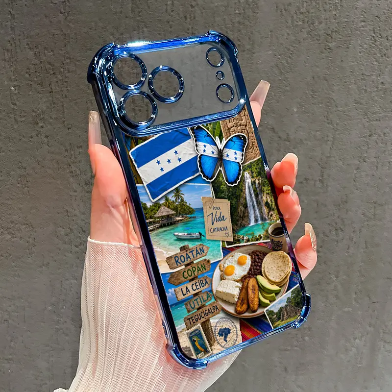 Compatible with iPhone 17 Pro Max 16 15 Plus Air 14 13 12 11 E Case Honduras Harmony Pattern Four Corner Drop Resistant Electroplated Transparent TPU Soft Trendy Cover