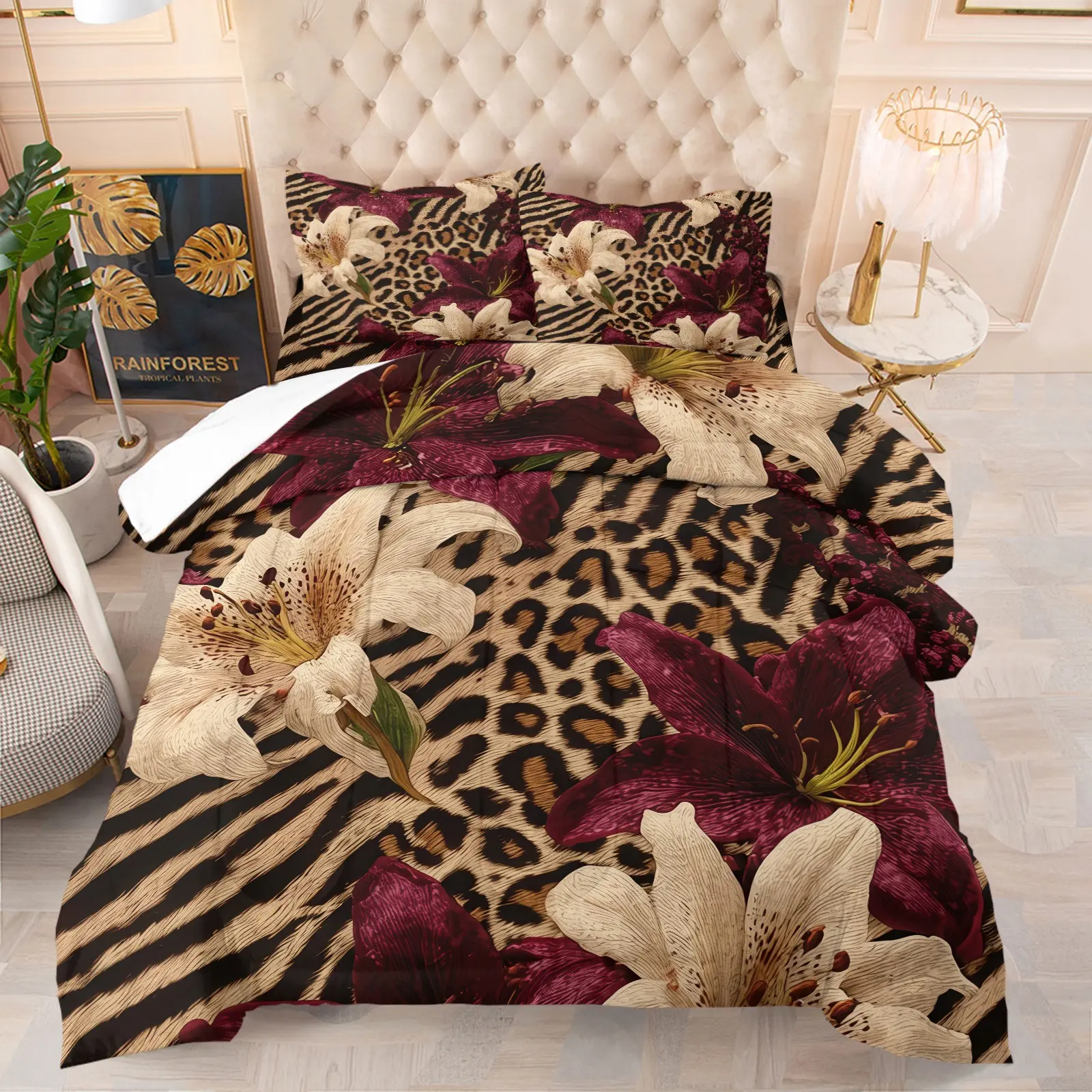 Leopard Zebra Lily Retro Comforter Set-Printed Bedding Set-Comfortable Easy Care Bedding-Wild Animal Texture and Blooming Lilies-Modern Spicy Girl Style Women's Bedroom & Dorm Decor-1 Quilt + 1-2 Coreless Pillowcases