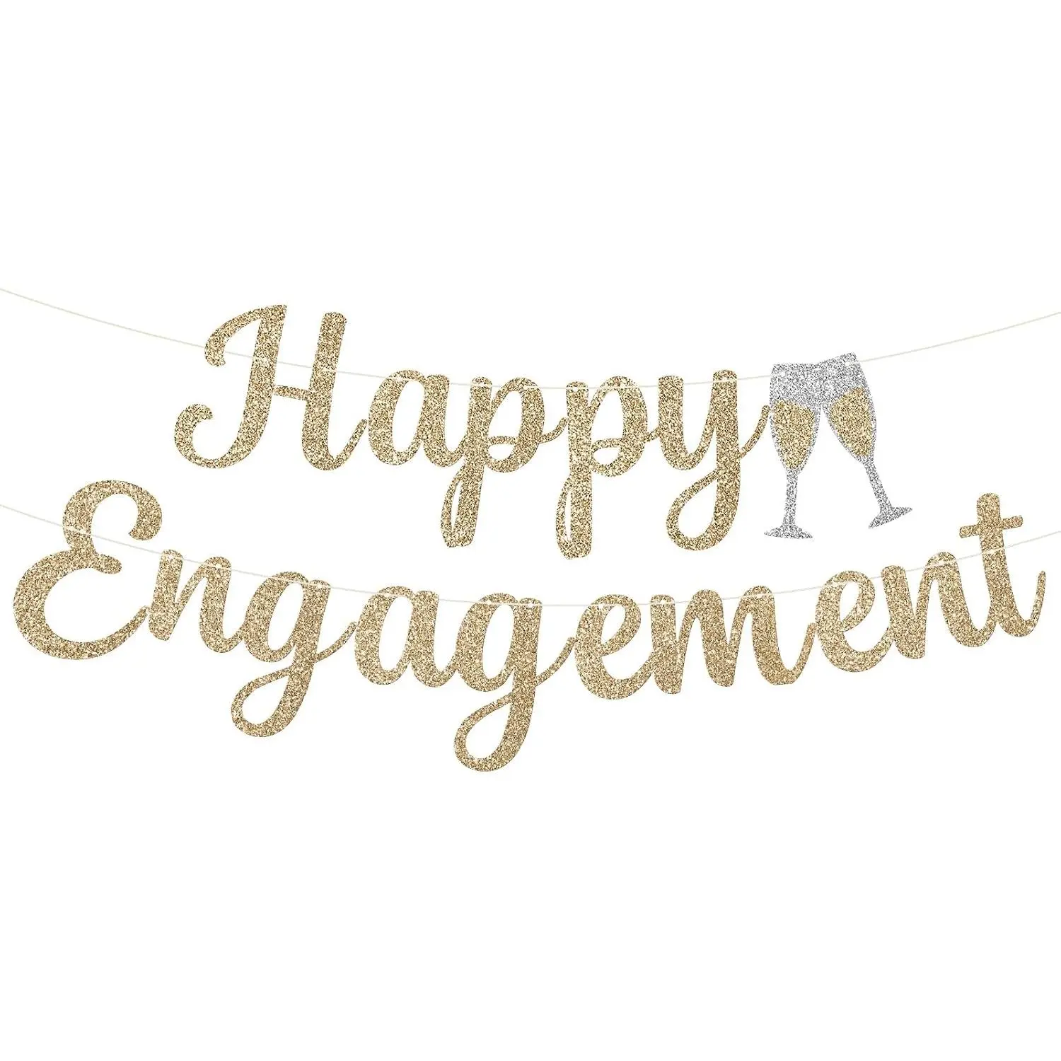 Pre-Strung Happy Engagement Banner - NO DIY Engagement Sign  Glitter Wedding Bridal Shower Bachelorette Banner for Just Engaged, She Said Yes, Wedding Party Decorations (Champagne )