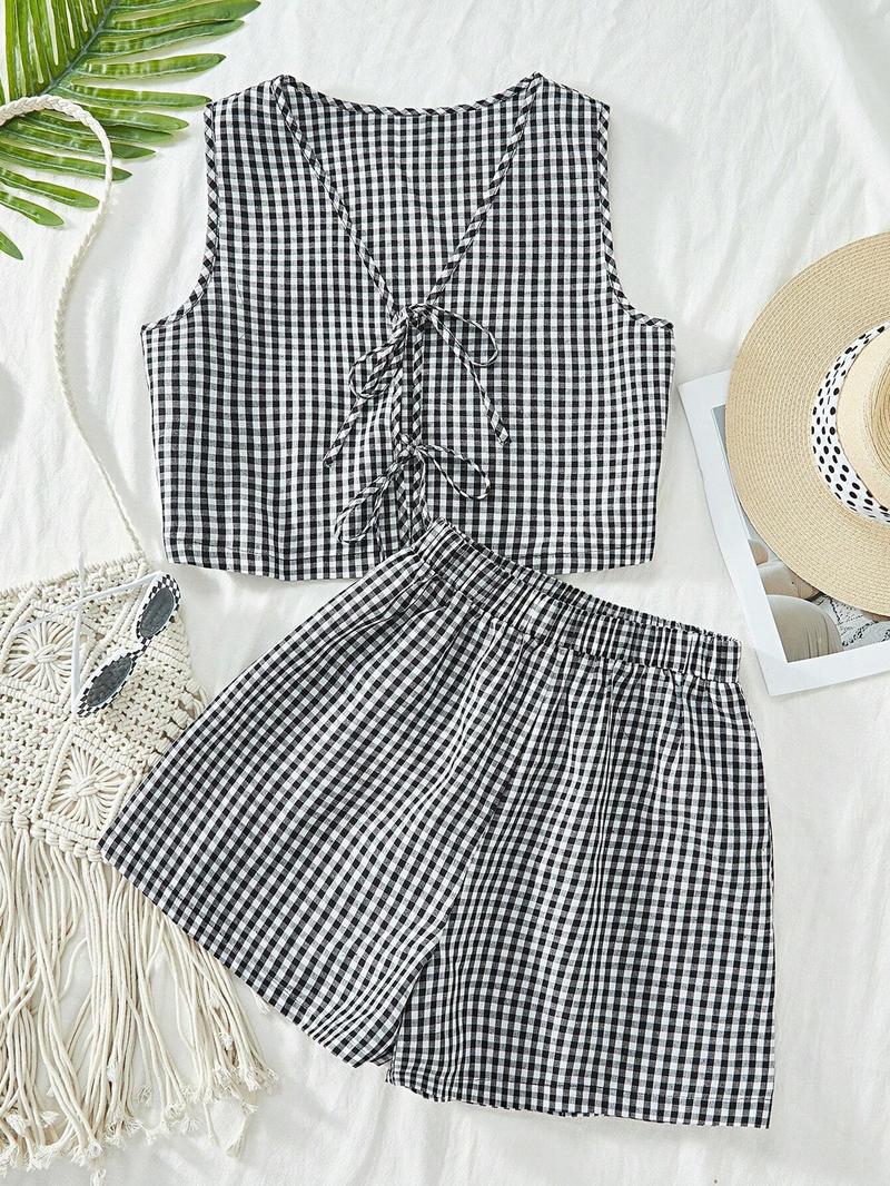 2-piece plaid striped vest and high-waisted loose shorts women's casual suit