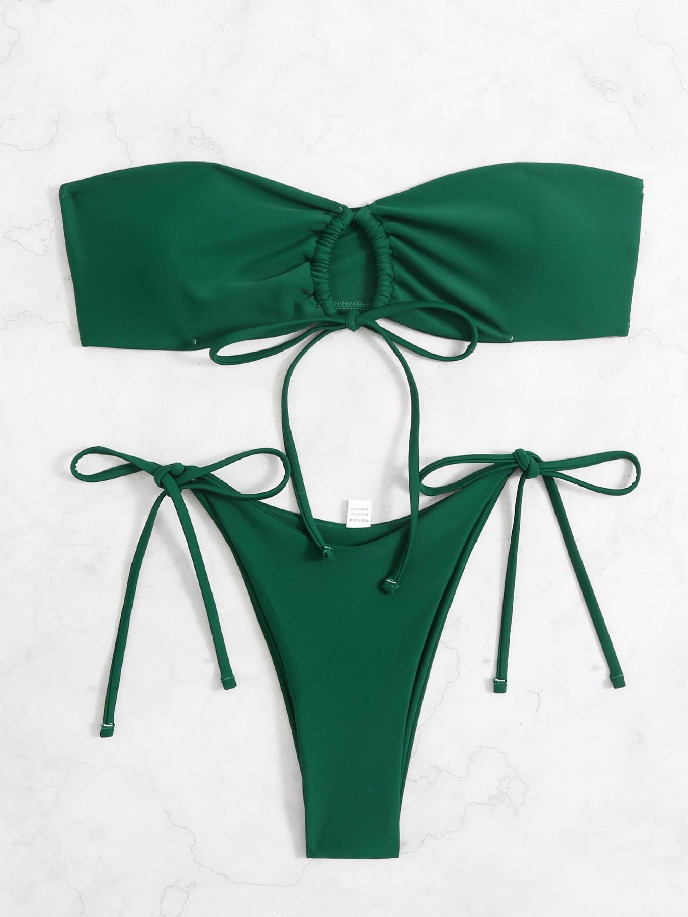 Two-Piece Set Women's Solid Bikini Set, Drawstring Ruched Cut Out Swim Bandeau Bra, Bikini Swim Top & Tie Side Swim Thong, Swimsuit for Women, Bathing Suits 2024 for Women Summer