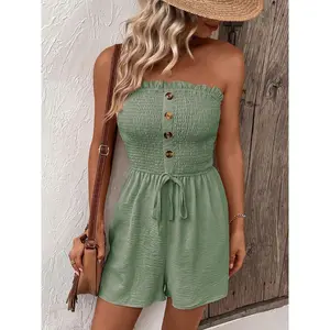Women Strapless Bandeau Romper Shirred High Waist Tie Front Summer Boho Romper Sexy Tube Romper Casual Vacation Beach Outfit Women