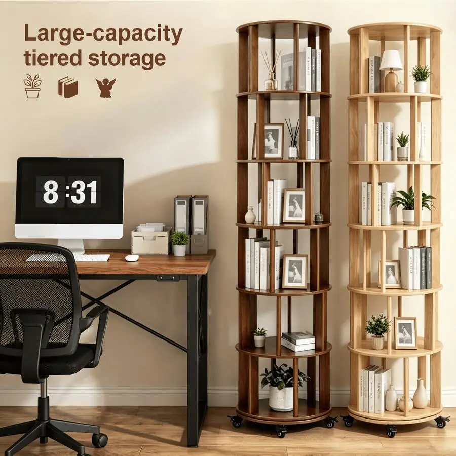 6-Tier Solid Wood Modular Round Tower Bookshelf, 360° Rotate 360° Display Unit with Locking Wheels, Space-Saving for Home Office Bedroom, Wood+6Tier