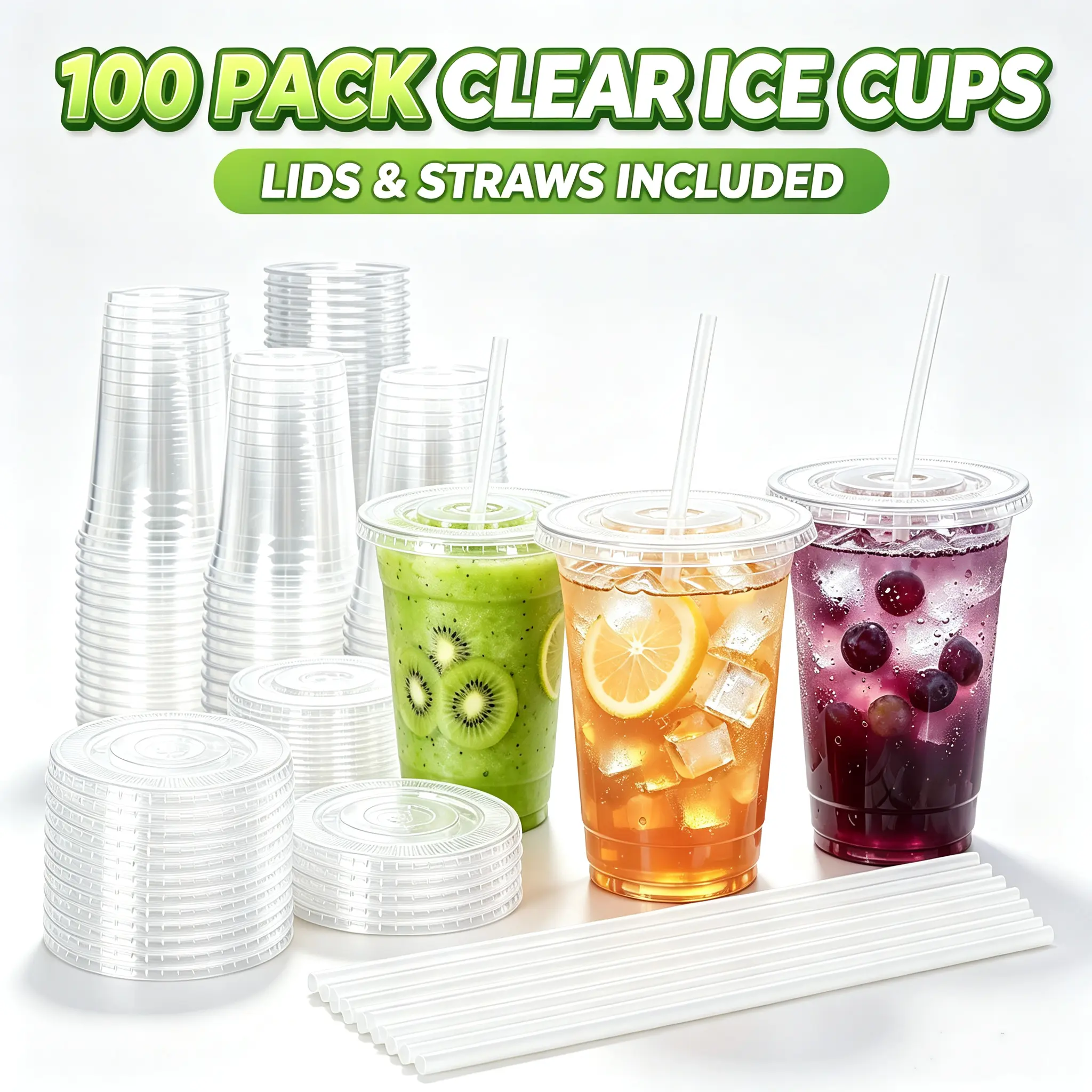 100 Pack Disposable Clear Plastic Iced Coffee Cups with Lids & Straws, 16oz/20oz/24oz Portable Cold Drink Cups for Camping, Travel, BBQ & Outdoor Parties, Suitable for Juice, Milkshakes & Daily Beverages