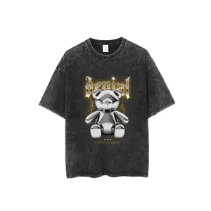 Retro Distressed Oversized Black T-shirt Chrome Silver Teddy Bear Gothic Font Lightning Print Tee Dark Goth Emo Streetwear Vintage Washed Unisex Casual Clothes