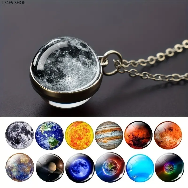 Solar System Planets Glass Ball Pendant Necklace - Adjustable Length, High Transparency, Crystal Metal, Everyday Wear Fashion Jewelry Gift for Men & Women
