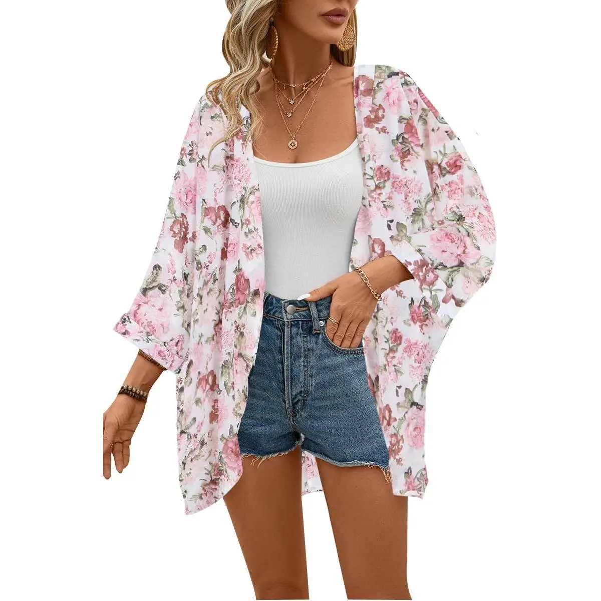 Women's Floral Print Sheer Chiffon 3/4 Bat Sleeve Casual Loose Kimono Cardigan Capes