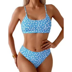 Women's Two Piece Swimsuit Floral Print Bikini Sets Spaghetti Straps Scoop Neck Mid Waist Cheeky Bathing Suit